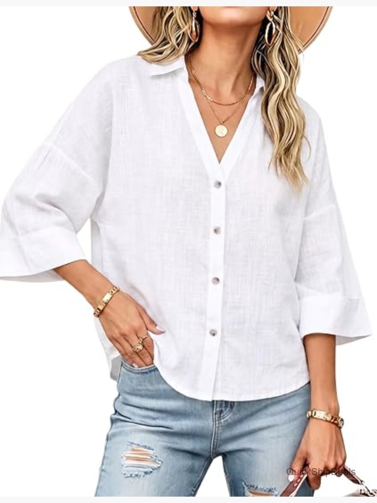 Oversized Button Down Shirt 3/4 Sleeve Blouse